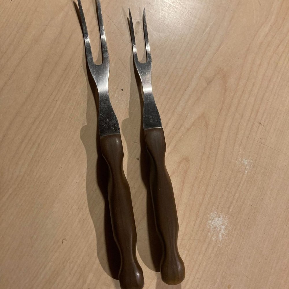 2 Vintage  serving turning forks  11 inch 8 inch wood handle stailess